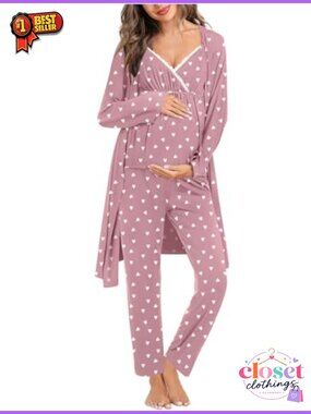 Maternity Nursing Pajama Set 3 Piece Robe Breastfeeding Sleepwear